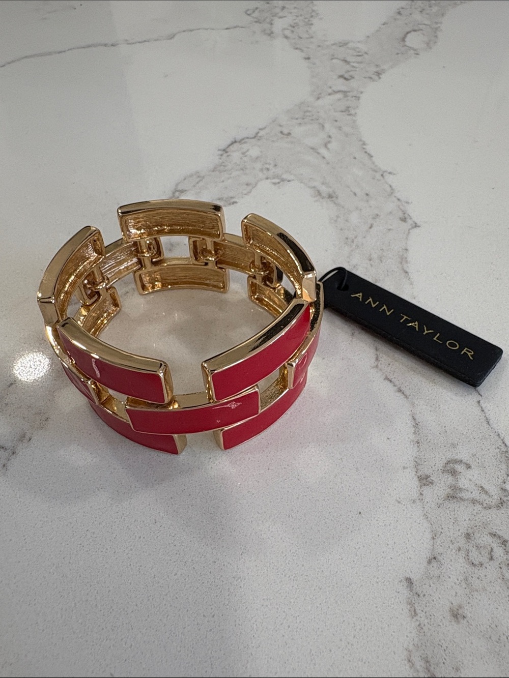 Ann Taylor Red Enamel Link Bracelet with Polished Metal Trim